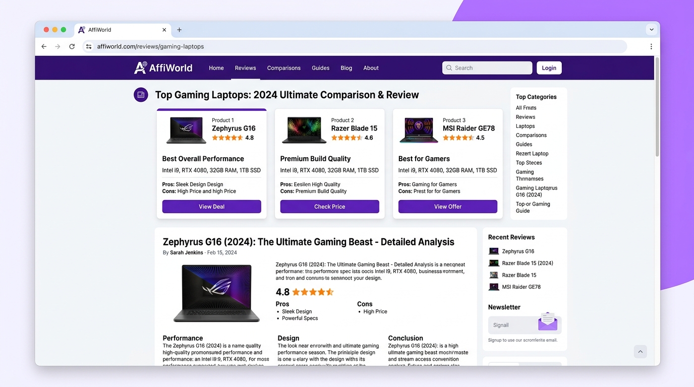 AffiWorld affiliate product review and comparisons website mockup