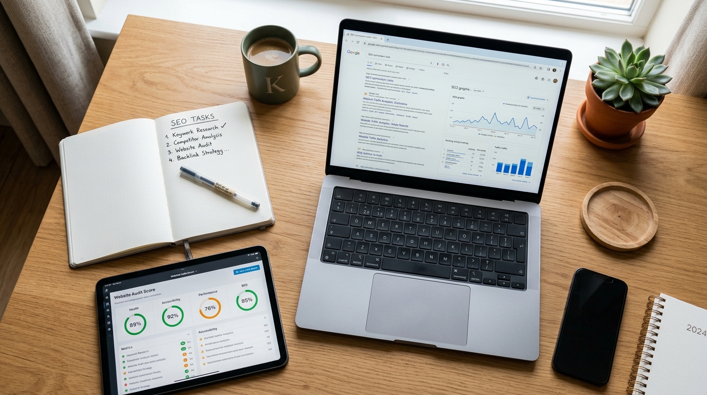 Technical SEO checklist and site audit analytics on laptop and tablet